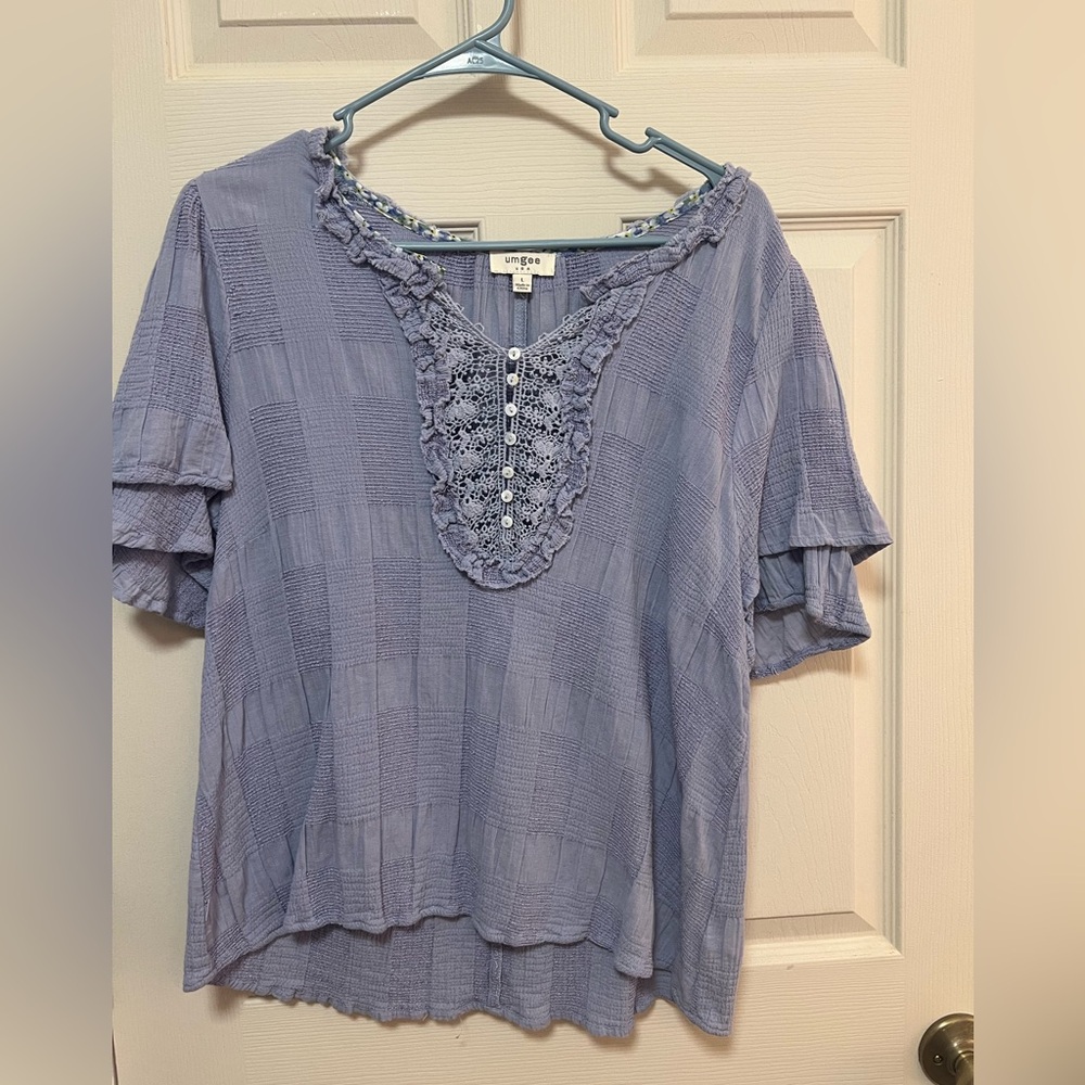 Umgee Lavender Crochet Yoke Ruffle Sleeve Blouse